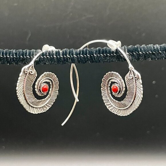 Medium Silver Feather Spiral Earrings in Red or Turquoise Blue #687 - Picture 14 of 15